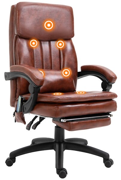 Vinsetto High Back Office Chair, Gaming Recliner Chair with Footrest, 7 Massage Points, Adjustable Height, Reclining Back, PU Leather, Brown