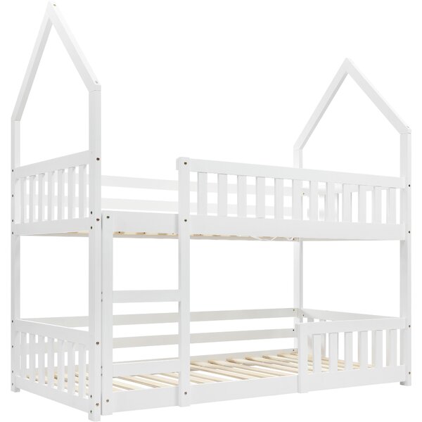 Castle-Shaped Bunk Bed with Ladder, Solid Wood Frame with Full-length Guardrail,EN 747-1 Certified, for Children Kids,195x98x192 cm, White Aosom UK