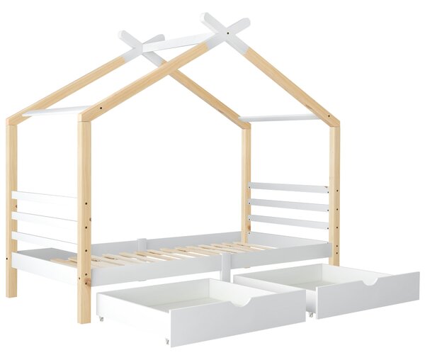 Children's House Tree Canopy Single Bed with Underbed Storage Drawers, Solid Pine Wood and MDF, Safety Rail Guards, 200x96x183 cm, Natural