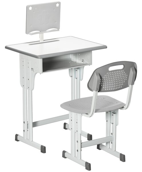 HOMCOM Kids Desk and Chair Set, Height Adjustable Study Table Set with Storage Drawer, Book Stand, Cup Holder, Pen Slot, Grey