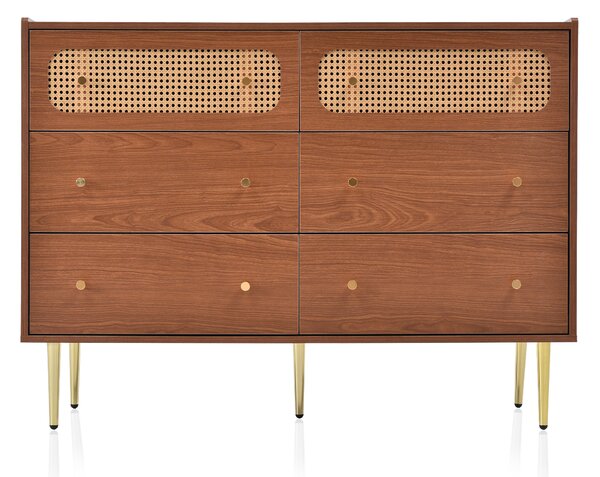 Rattan Sideboard Storage Cabinet with 6 Drawers, Vintage Walnut Finish, Rounded Corners, Metal Legs, 120x40x90 cm, Walnut
