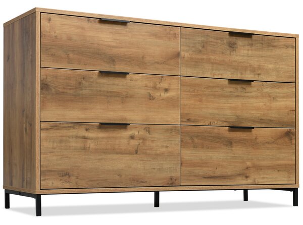 Living Room Sideboard Cabinet, 6-Drawer Chest with Sturdy Metal Handles, Modern Storage Organizer with Cabinet for Living Room or Bedroom, 120x40x76 cm, Dark Oak