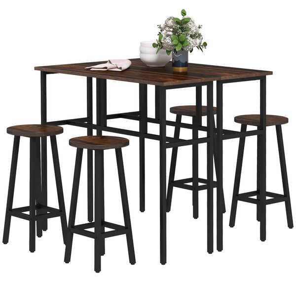 HOMCOM Bar Table and Stools, 2 Breakfast Tables w/ 4 Stools, Counter Height Dining Tables & Chairs for Kitchen, Living Room, Rustic Brown Aosom UK