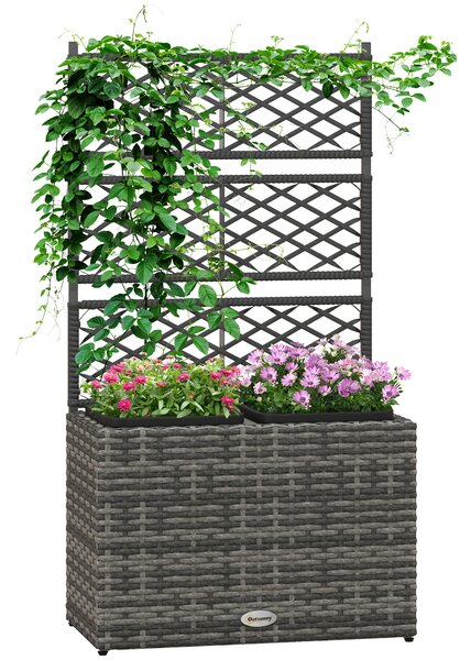 Outsunny 22L Garden PE Rattan Planter w/ Trellis, Free Standing Flower Raised Bed w/ 2 Plant Boxes for Climbing Plants, 57x30x107 cm, Mixed Grey