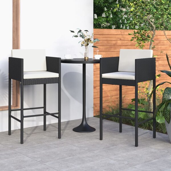 Bar Stools 2 pcs with Cushions Black Poly Rattan