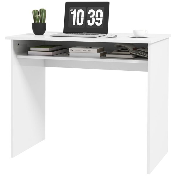 HOMCOM Modern Home Office Desk, 90 x 50cm Computer Table, Small Writing Desk with Storage Shelf, High Gloss, White
