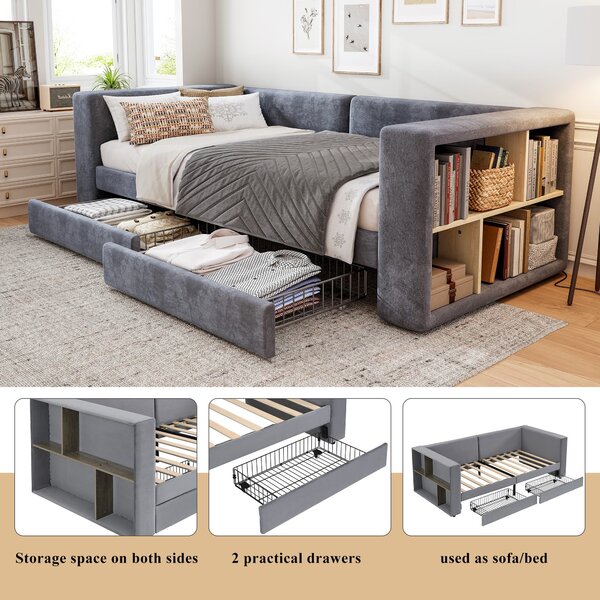 3FT Upholstered Single Bed with 2 Drawers, Side Compartments, Easy Assembly, Daybed Sofa Bed with Storage, 223.5L x 101W x 74.5H cm, Grey Aosom.UK