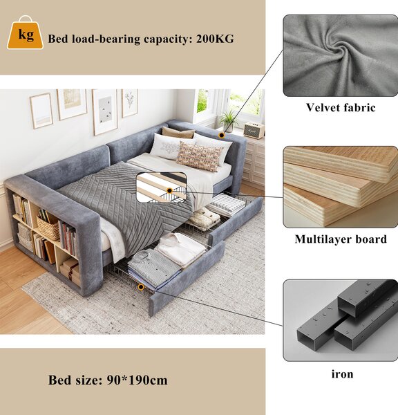 3FT Upholstered Single Bed with 2 Drawers, Side Compartments, Easy Assembly, Daybed Sofa Bed with Storage, 223.5L x 101W x 74.5H cm, Grey Aosom.UK