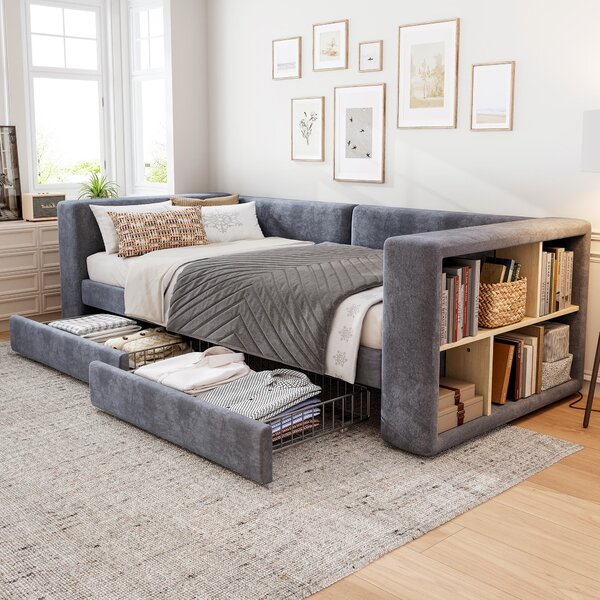 3FT Upholstered Single Bed with 2 Drawers, Side Compartments, Easy Assembly, Daybed Sofa Bed with Storage, 223.5L x 101W x 74.5H cm, Grey Aosom.UK