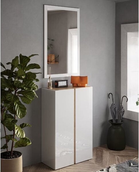 Flint Narrow High Gloss Shoe Cabinet With Mirror In White Cadiz Oak