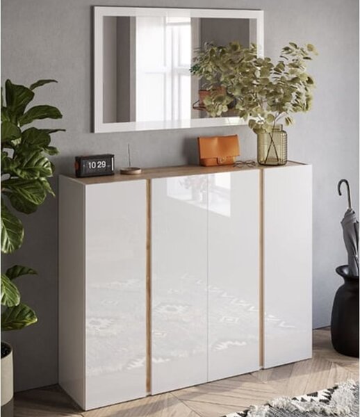 Flint Wide High Gloss Shoe Cabinet With Mirror In White Cadiz Oak