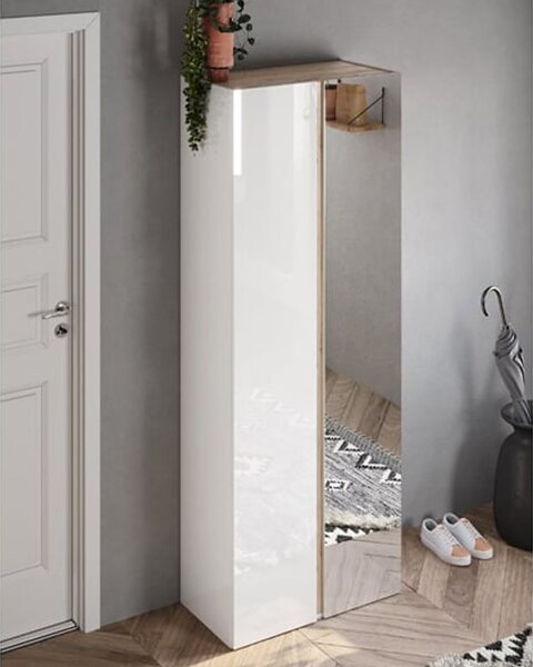 Flint Tall High Gloss Shoe Cabinet 2 Doors In White Cadiz Oak