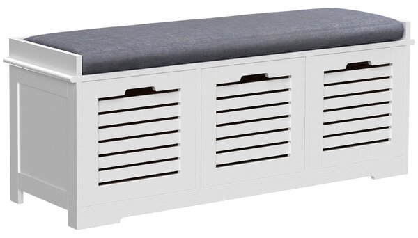HOMCOM White Storage Bench with 3 Drawers & Removable Grey Seat Cushion Hallway Organisation furniture