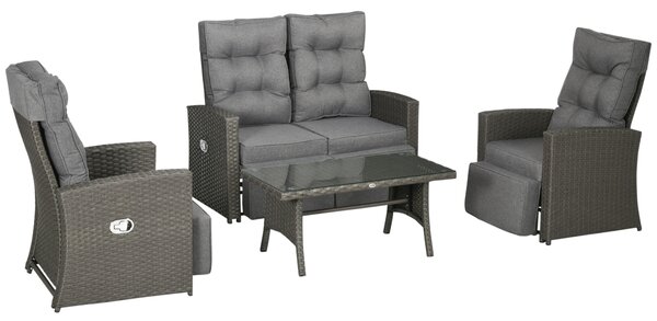 Outsunny 4 Piece Rattan Garden Furniture Sets, 4 Seater Outdoor Sofa Sectional w/Wicker Sofa, Reclining Armchair and Glass Table for Yard, Grey