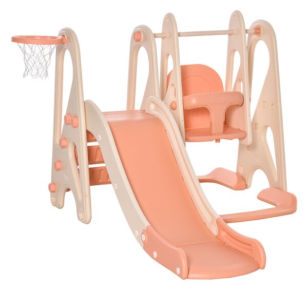 HOMCOM 3 in 1 Design Kids Swing and Slide Set with Basketball Hoop Toddler Playground Play Set Fun Climber Set Activity Center Play Equipment Pink