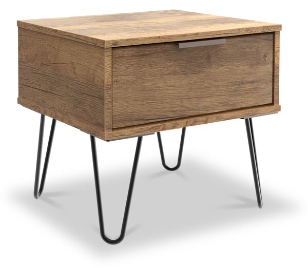 Moreno Rustic Oak Wooden 1 Drawer Bedside with Black Hairpin Legs | Roseland Furniture
