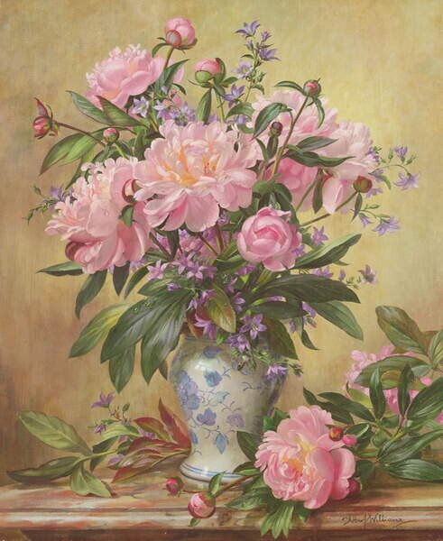 Fine Art Print AB/302 Vase of Peonies and Canterbury Bells, Williams, Albert