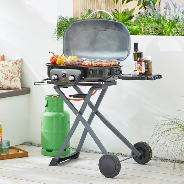 Tower Tourer Two Burner Portable Gas BBQ, Black Steel