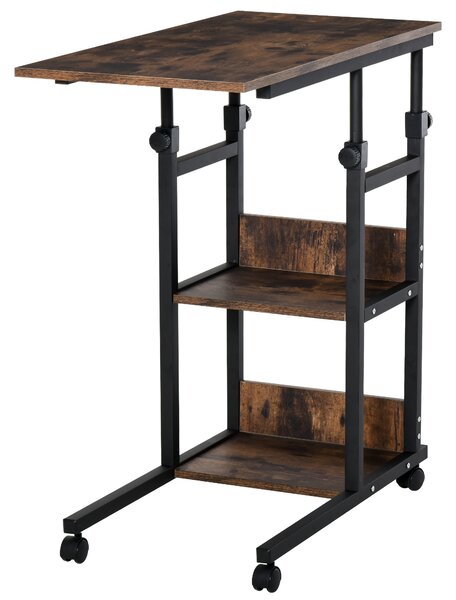 HOMCOM Industrial C-Shaped End Tables, Mobile Overbed Table with 3-Tier Storage, Adjustable Height, Wheels, Brown Aosom UK