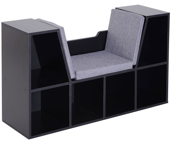 HOMCOM Bookcase Shelf Storage Seat with Cushion Sideboard Kids Children Reading Bedroom Living Room Organizer Black Aosom UK