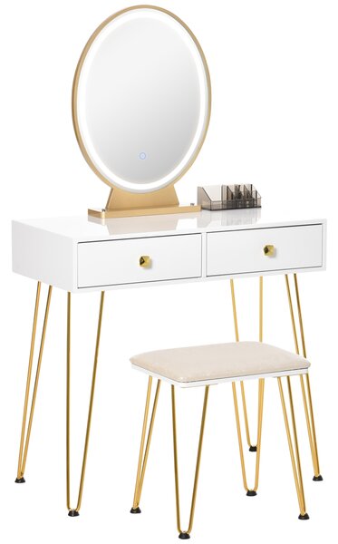 HOMCOM Dressing Table Set with LED Light, Round Mirror, Vanity Makeup Table with 2 Drawers and Cushioned Stool for Bedroom, White
