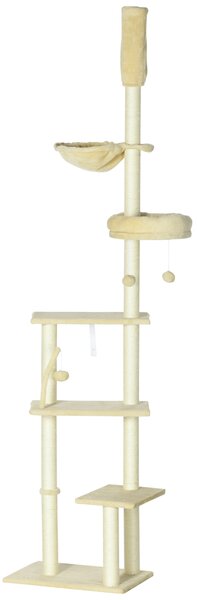 PawHut Cat Tree Floor to Ceiling, 6-Tier Play Tower with Scratching Post, Platforms, Adjustable Height, Beige