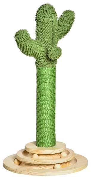 PawHut Cactus-Shaped Cat Tree Tower, Green, with Sisal Scratching Post, Hanging Ball, Funny Cat Ball Platform, 32 x 32 x 60cm Aosom UK