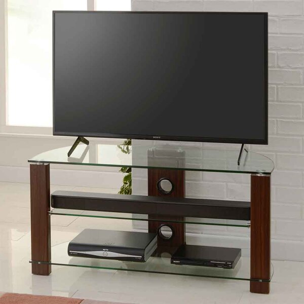 Alpine 1050mm Wooden Corner TV Stand With 2 Glass Shelves - Walnut