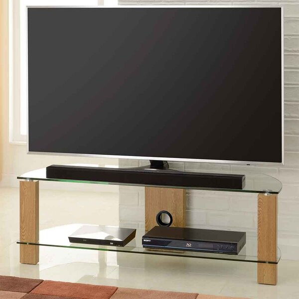 Alpine 1200mm Wooden Corner TV Stand With 2 Glass Shelves - Oak