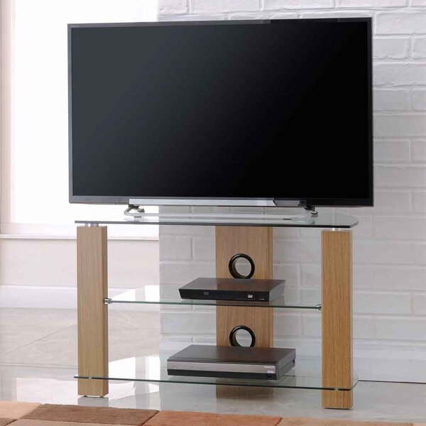Alpine 600mm Wooden Corner TV Stand With 2 Glass Shelves - Oak