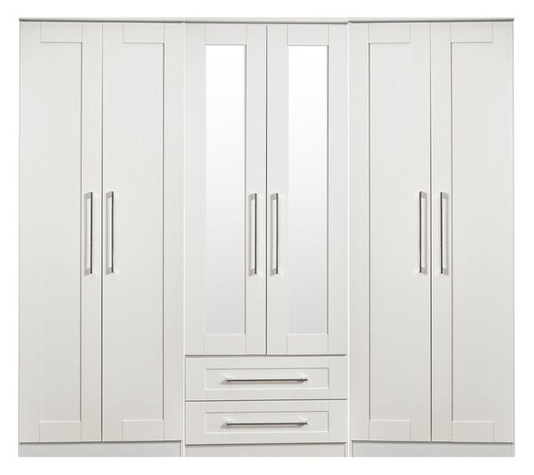 Bellamy White Contemporary Large 6 Door 2 Drawer with Mirrors Wardrobe | Roseland Furniture