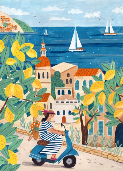 Art Print Travel poster woman on the Amalfi coast, Lorenzo A Roe