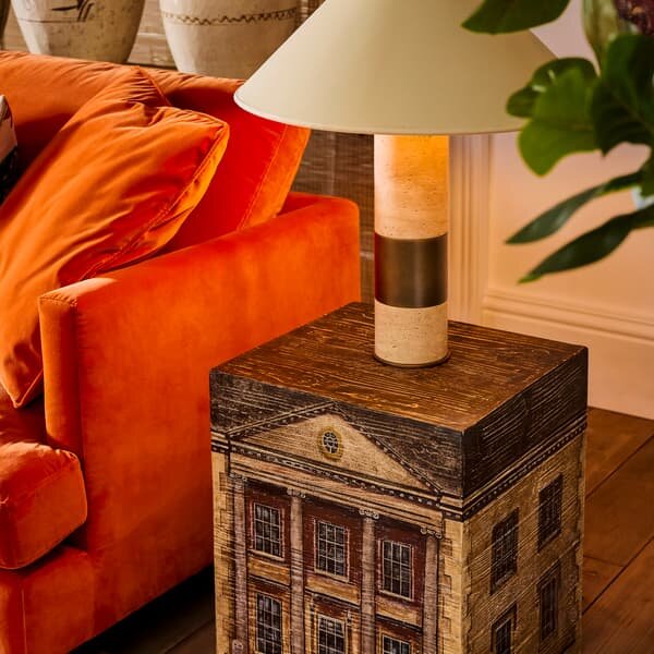 Aura Table Lamp Base, Travertine & Burnished Brass, Light - Andrew Martin