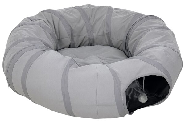 PawHut 2 in 1 Cat Tunnel with Bed, Cat Play Tunnel with Ball & Peek Hole for Indoor Cats, Grey