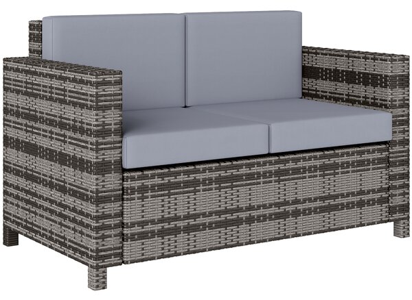 Outsunny 2 Seater Garden Furniture, Rattan Sofa with Soft Padded Cushion and Armrests, Wicker Garden Loveseat for Patio, Mixed Grey