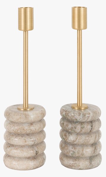 Pietra Gold Candle Stick in Beige Marble, Set of 2