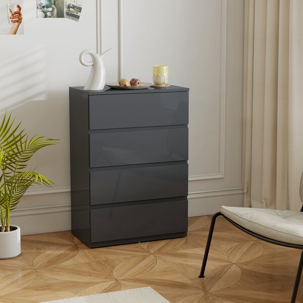 HOMCOM High Gloss Chest of Drawers, 4-Drawer Storage Cabinets, Modern Dresser for Bedroom, Grey