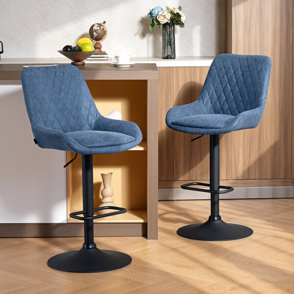 HOMCOM Set of Two Faux Leather Retro Bar Stools, Bar chairs with 7cm thick padded cushion - Dark Blue