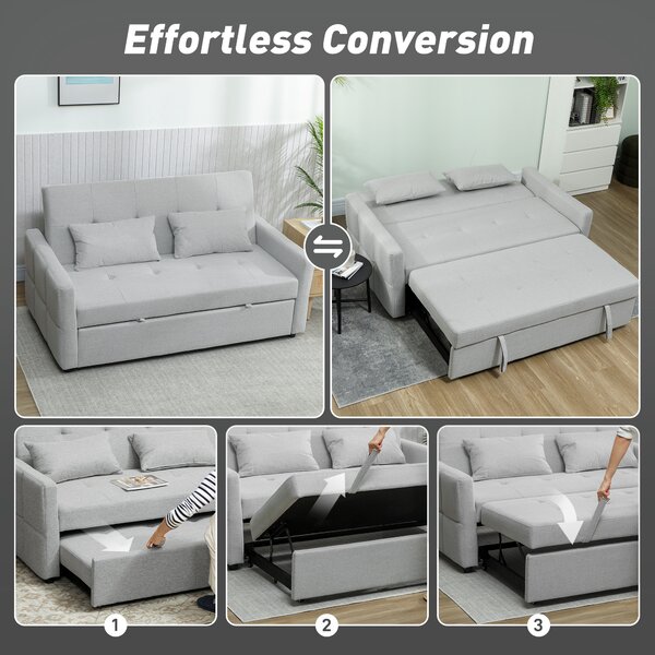 HOMCOM 2-Seater Sofa Bed, Compact Convertible Fabric Couch for Living Room or Guest Room, Light Grey Aosom UK
