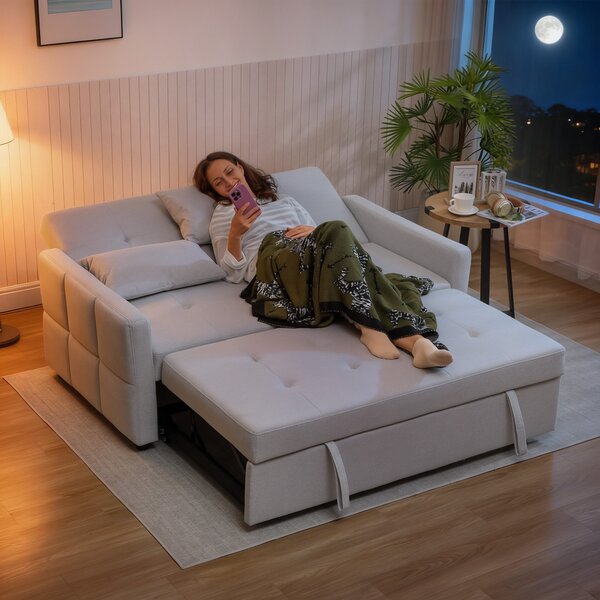 HOMCOM 2-Seater Sofa Bed, Compact Convertible Fabric Couch for Living Room or Guest Room, Light Grey Aosom UK