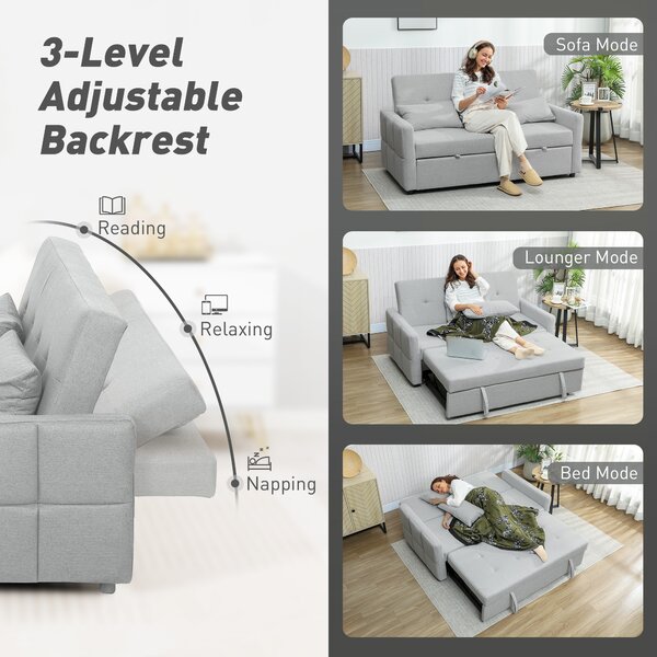 HOMCOM 2-Seater Sofa Bed, Compact Convertible Fabric Couch for Living Room or Guest Room, Light Grey Aosom UK