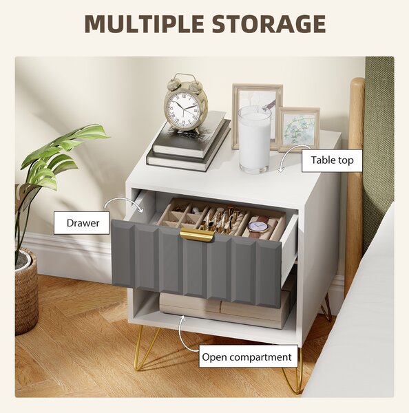 HOMCOM Bedside Table Modern Bedside Cabinet with Drawer and Open Compartment, 45 x 40 x 55, White