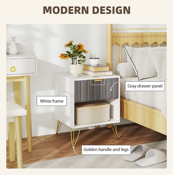 HOMCOM Bedside Table Modern Bedside Cabinet with Drawer and Open Compartment, 45 x 40 x 55, White
