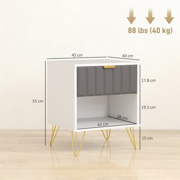 HOMCOM Bedside Table Modern Bedside Cabinet with Drawer and Open Compartment, 45 x 40 x 55, White