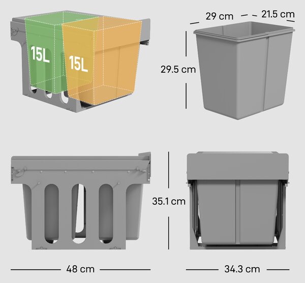 HOMCOM Pull Out Bin, Under Sink Bin - 2 Removable Compartments (15L Each) for 400mm Cabinets, Light Grey