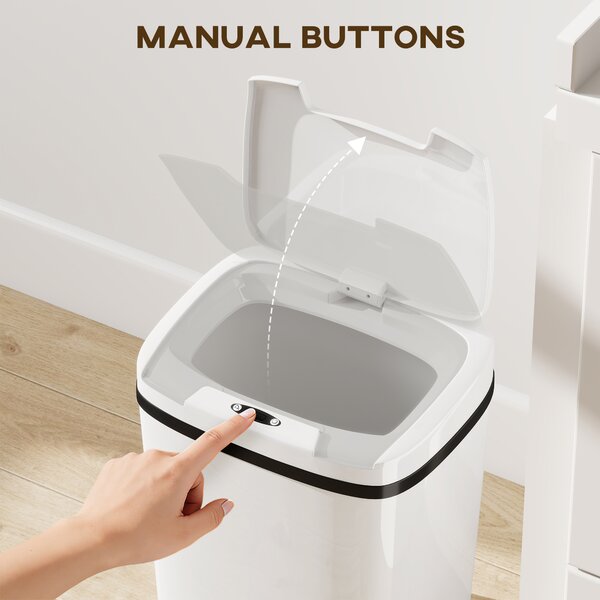 HOMCOM 15L Sensor Bin, Automatic Touchless Kitchen Bin, Easy Clean, Battery Operated for Home Office, Bedroom, Bathroom, White