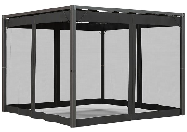 Outsunny 3 x 3 m Retractable Pergola, Garden Gazebo Shelter with Nettings, for Grill, Patio, Deck, Dark Grey