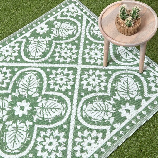 Homscapes Green Outdoor Rug for Garden Floral Leaf Pattern,122 x 182cm