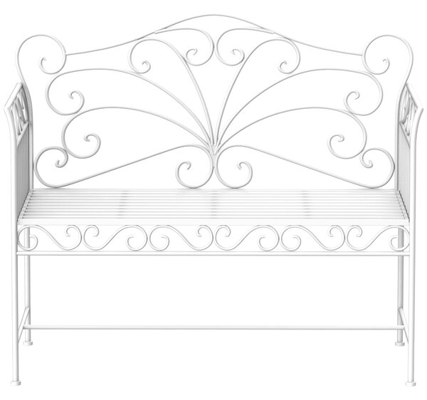Outsunny Garden 2 Seater Metal Bench Park Seating Outdoor Furniture Chair w/ Decorative Backrest White
