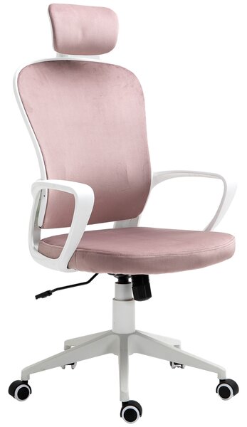 Vinsetto High-Back Velvet Office Chair, Rocking Function, Adjustable Headrest & Wheels, Pink Aosom UK